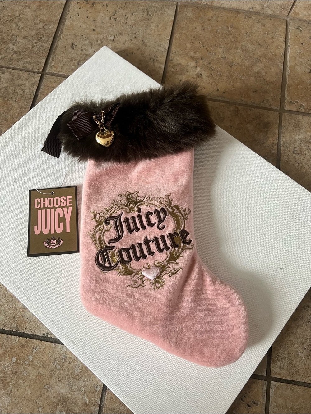 Juicy Couture Pink Velour Stocking with Brown Faux Fur Cuff and Gold Heart Charm